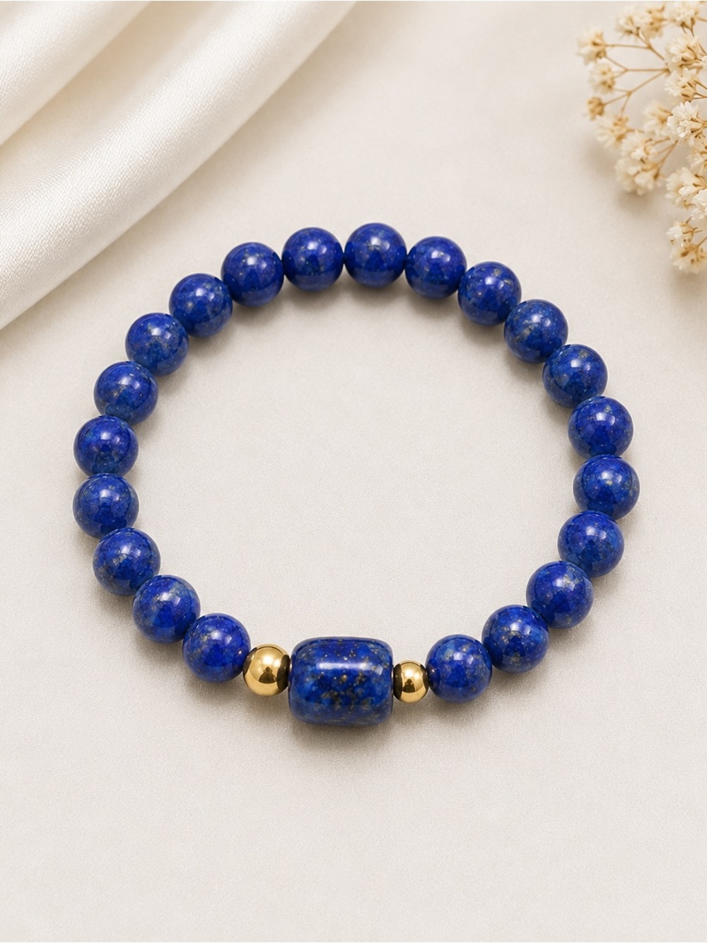 Deep Blue Beaded Stretch Bracelet with Gold Accent